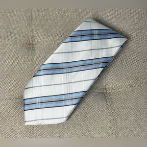 Kai Long Men’s Striped 100% Silk Tie White Blue Silver Handmade Office Casual